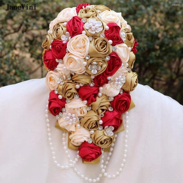 Fleurs de mariage JaneVini 2024 Ruban vert foncé Bouquets de cascade Perles de perles Roses de satin artificielles Bouquet de mariée en cascade