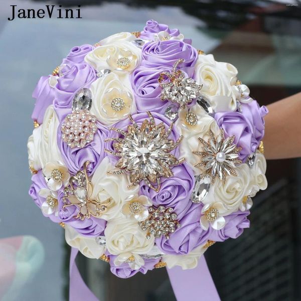 Fleurs de mariage Janevini 2024 Light Purple Artificial Crystal Bride Bouquets Pearls Roses Satin personnalisées Hand