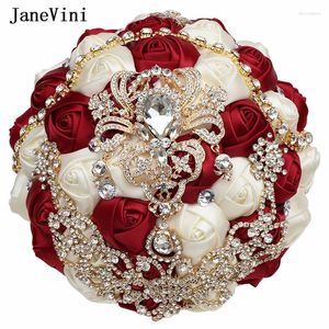 Fleurs de mariage Janevini 2024 Bouquet de mariée en satin Bourgogne de luxe Bouquet de mariée en or Roses artificielles Bouquet Ramo de Novia