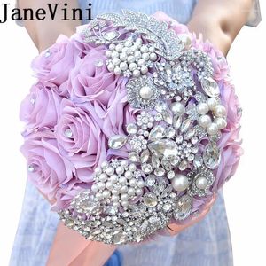 Wedding Flowers Janevini 2024 Luxe Purple Bloem Bridale bruidsmeisjes Bouquet Handgemaakte Silk Roses Bling Rhinestone Fleur Mariage