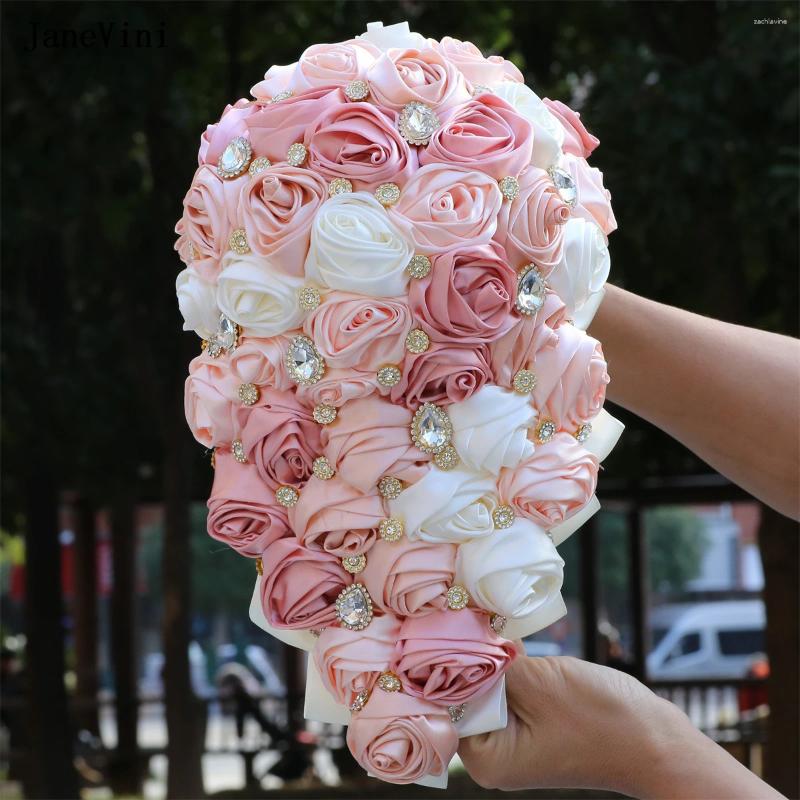 Flores de casamento janevini 2024 luxo strass cachoeira buquês de noiva artificial cetim rosas em cascata luz rosa buquê