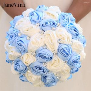 Bruiloft bloemen Janevini 2024 Sky Blue Bouquet Bruid Bloem Crystal Satin Aangepaste kleur Rijnborte Bridal Hand Bouquets Trouwbooket Blauw