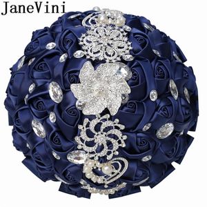 Wedding Flowers Janevini 24cm Navy Royal Blue Bouquet With Crystal Jewelry Luxury Pearl Diamond Satin Rose Bruid Fleur Mariage