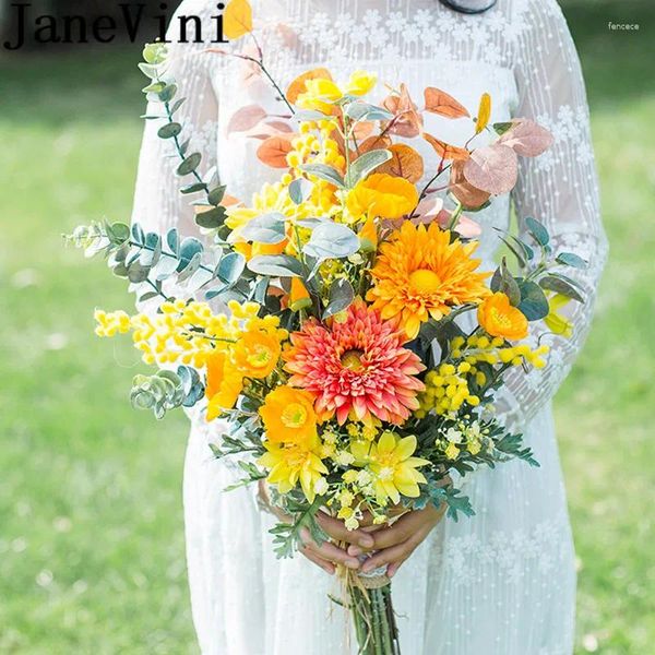 Fleurs de mariage Janevini Bouquets jaunes orange artificiels Ramo de Flores Noiva Bride Vintage Bridal Silk Flower Bouquet Mariage