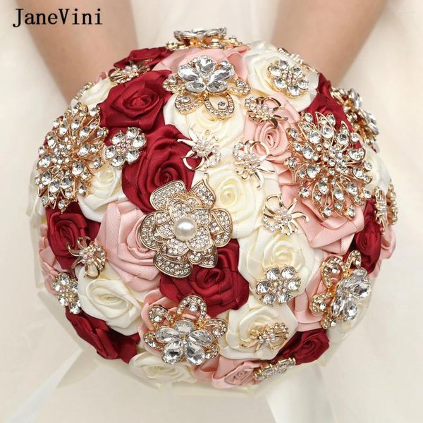 Fleurs de mariage Janevini Bling Rignestone Bridesmaid Bouquet Bouquets Crystal Artificial Dark Red Roses Bouquet de Fleure Mariage
