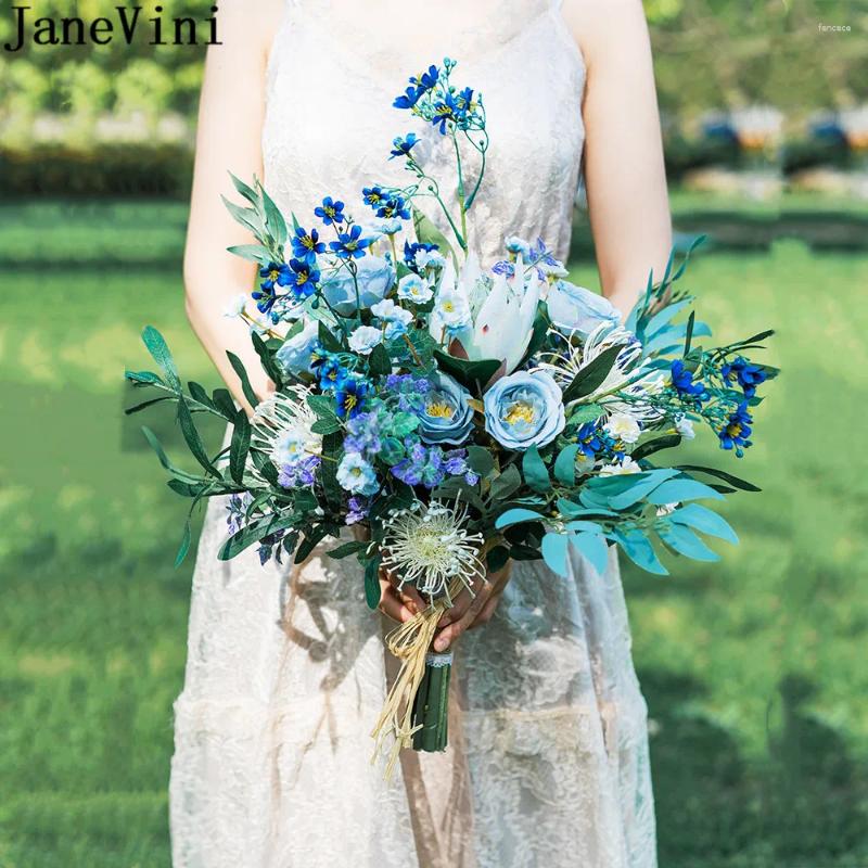 Fleurs de mariage JaneVini Fleur Bleue Bouquets De Mariée Artificielles 2024 Soie Rose Bouquet De Mariée Fleur Bleu Ramo De Novia Vintage