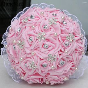 Flores de boda JaneVini Novia Dama de honor Ramo de flores rosadas con joyas de plata Artificial PE Rosas Perla Cristal Azul Ramos de novia