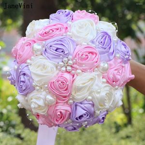 Fleurs de mariage Janevini charmante bouquets de mariée violet rose coréen rose coréen avec perles roses satin artificielles Bouquet Bride Decoration