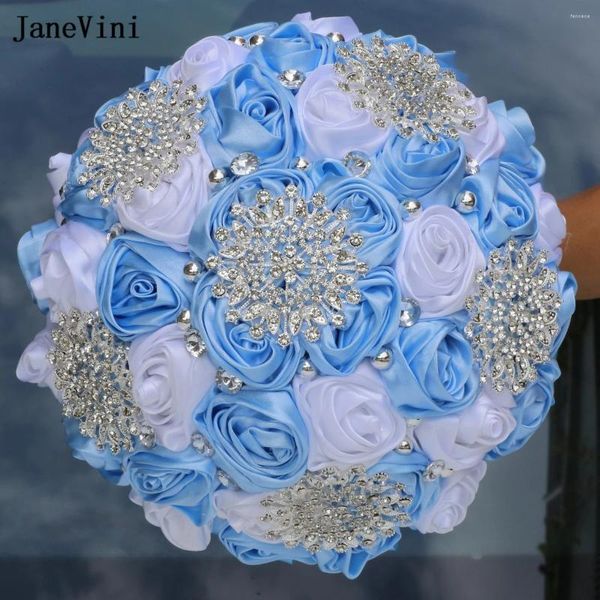 Flores de boda JaneVini encantador azul claro cinta blanca ramos de novia con diamantes de imitación de plata ramo de rosas artificiales de satén