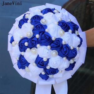 Wedding Flowers Janevini Charmante Royal Blue White Bridal Bouquets Pearls Artificial Satin Roses Bouquet Accessoires voor bruid