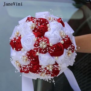 Fleurs de mariage Janevini élégant ruban blanc bordeaux bouquets de mariée occidentaux perles perles roses satin artificielles bouquet pour la mariée