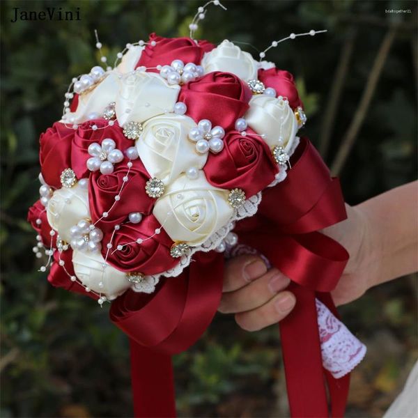 Fleurs de mariage Janevini Bouquet de main de mariée rouge foncé élégant rouge de luxe perles perles artificiels roses satin bouquet pour la mariée