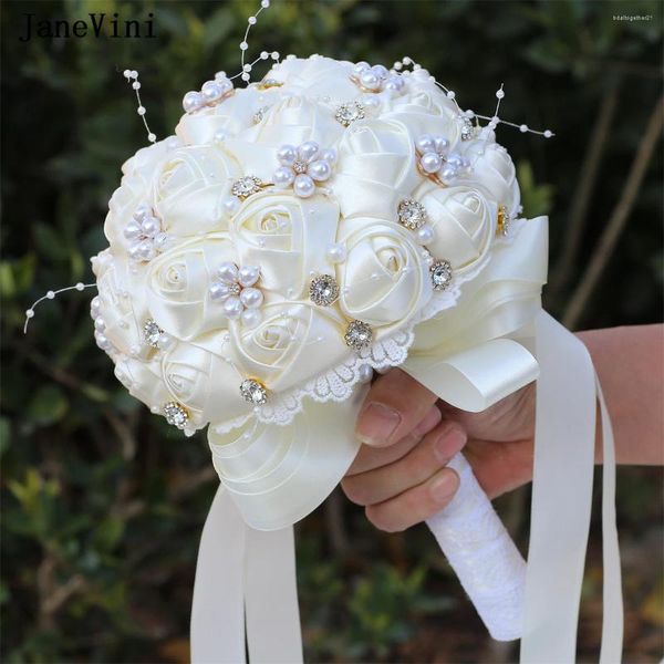 Fleurs de mariage Janevini Bouquet de mariée élégant Ivory Bouquets Perles Crystals Artificiels Satin Roses Bridesmaid Bride Bouquet Fleur pour