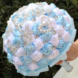 Bruiloft Bloemen JaneVini Elegante Lichtblauw Witte Bruidsboeketten Met Zilveren Strass Kunstmatige Satijnen Rozen Boeket Ramo Novia Boda