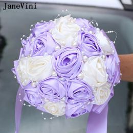Bruiloft bloemen Janevini Elegant licht paarse bruid boeket parels satijnen rozen bruidsmeisje bruids hand bordeaux ramo de boda 2024