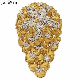 Bruiloft bloemen Janevini gouden strass ragestonen kralen waterval boeket fleur mariage 2024 luxueuze kristal marine satijnroegbruien