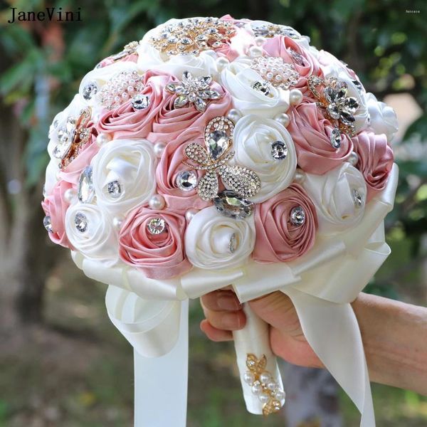 Fleurs de mariage JaneVini Rose clair Ivoire Bouquets de mariée luxe strass perles artificielles Satin Roses bijoux broche Bouquet