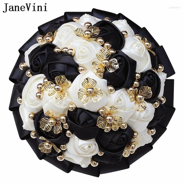 Fleurs de mariage JaneVini Bouquets de mariée de luxe avec décoration en or perles Roses noires Bouquet Novia accessoires de mariée