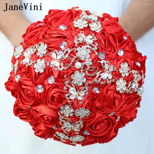 Fleurs de mariage Janevini Luxury Crystal Bouquet rouge Royale de joes à la main Bouquet de mariée pour la mariée Ramo de Boda
