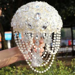 Flores de boda JaneVini Diamante de lujo Cristal Marfil Broche de novia Ramos Artificiales Rosas de satén Joyería de plata Ramo de novia