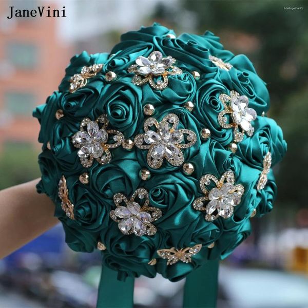 Flores de boda Janevini Luxury Gold Crystals Broch Bouquets Artificial Satin Roses Dark Green Bride Accesorios
