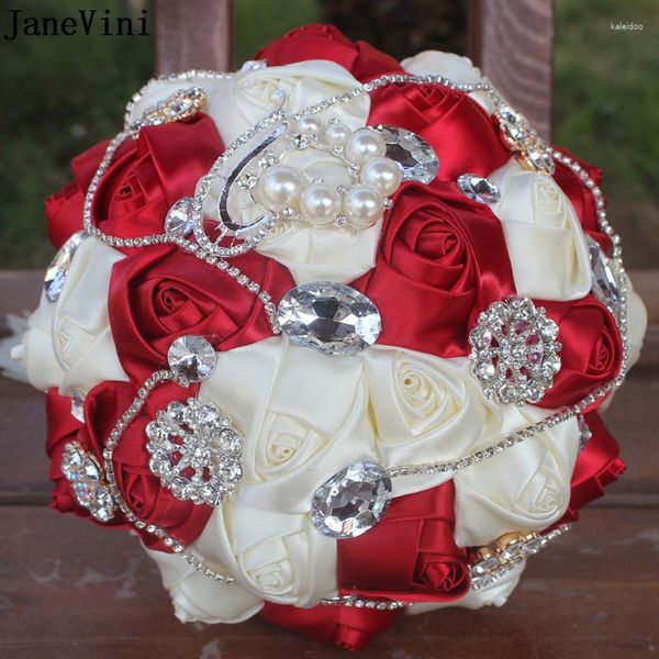 Flores de boda Janevini Pearls Crystal Diamond Bridal Bouquet Charm Hand Hand Bridesmaid Satin Rose Fleur Burdeos