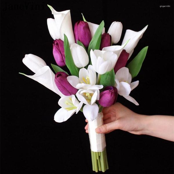 Fleurs de mariage JaneVini Bouquets de fleurs violettes Real Touch Bouquet de tulipes Calla Lily Artificielle mariée tenant des accessoires de mariée