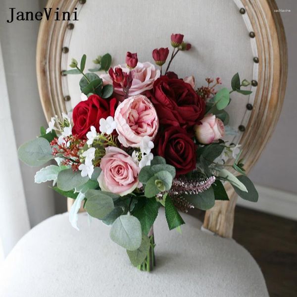 Flores de boda JaneVini, ramo rojo y rosa para novia, peonías artificiales, rosas de eucalipto, accesorios de ramos de flores nupciales Retro