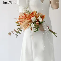 Flores de boda JaneVini romántica naranja orquídea eucalipto ramo de seda nupcial rosas artificiales estilo coreano novia Marie