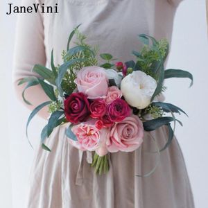 Fleurs de mariage Janevini Bouquets roses romantiques faits à la main les roses de soie coréenne de style coréen tenant un vrai bouquet de noiva