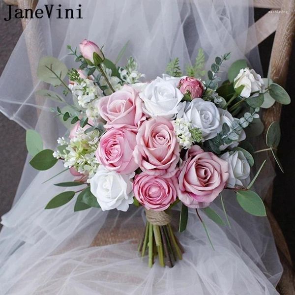 Fleurs de mariage Janevini Bouquets de mariée blanche rose romantique Rose roses de soie artificielles