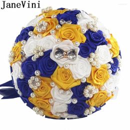 Flores de boda Janevini Royal Blue y amarillo Bouquet Boutonniere Broches Pulsero Pearl Bow Crystal Bride