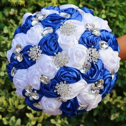 JaneVini – Bouquets de mariée bleu Royal et blanc, fleurs de mariage, Roses artificielles en Satin, faux Bouquet, accessoires pour mariée