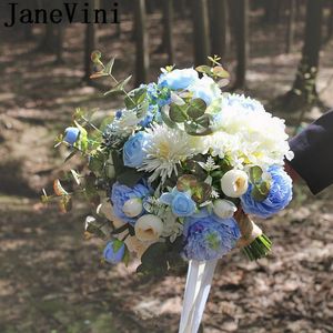 Fleurs de mariage janevini ciel bleu rose articielle bouquet pour la mariée en soie fumière fleur ivoire pivoine bridale rame noiva