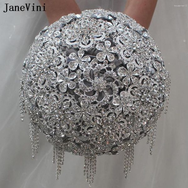 Fleurs de mariage JaneVini Bouquet gris scintillant avec bijoux en argent perlé cristal gland Satin luxe mariée main Bouquets 2023