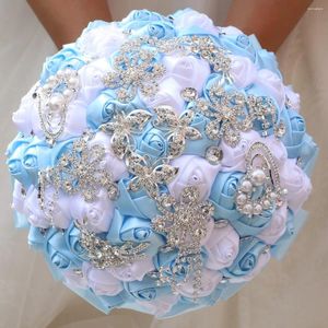Wedding Flowers Janevini Sparkly Silver Crystal Sky Blue Bouquet de Mariage Satin Roses Luxe Rhinestone Pearls Bridal Bouquets