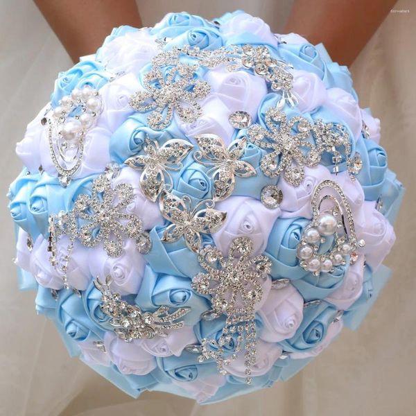 Flores de boda Janevini Silver Silver Crystal Sky Blue Bouquet de Mariage Roses Satin Roses Luxury Rhinestone Pearls Bouquets Bridal