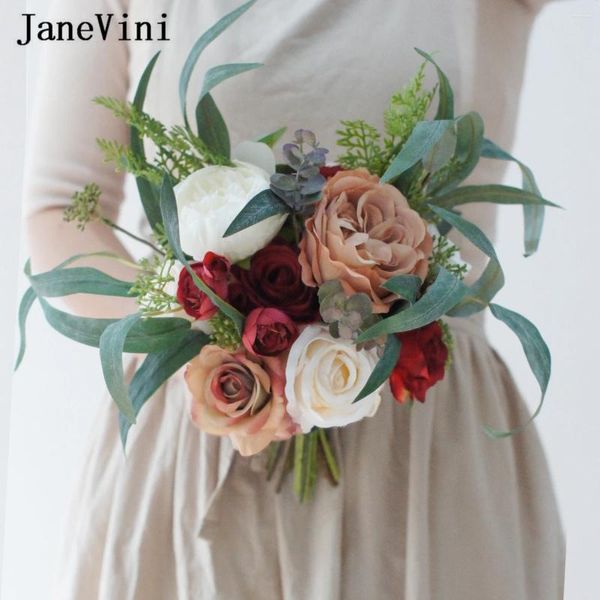 Fleurs de mariage janevini vintage automne eucalyptus roses de soie réalité tactile Bridal tenant des bouquets de mariage artificiels Bouquet marie Marie