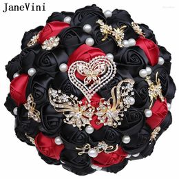Wedding Flowers Janevini Vintage Black Red Satin Bruidal Bouquets for Heart Vorme Pearls Rhinestones Bride Holding Ramo de Novia