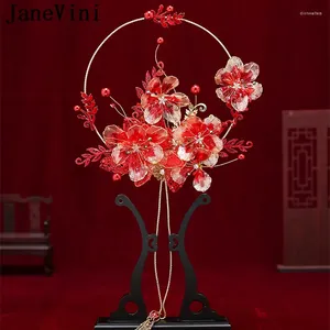 Bruiloft bloemen JaneVini Vintage Chinese stijl rode bruid bruids Fan kunstmatige handgemaakte kralen parels holle boeket Fleur