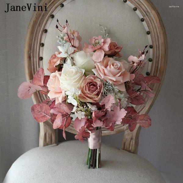 Fleurs de mariage Janevini Bouquets roses vintage mariée artificielle tenant des roses de soie Bridesmaid Bouquet Bouquet Fleur Mariage 2024