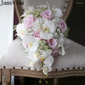 Wedding Flowers Janevini Wit roze Cascade Bridal Bouquet Artificial Rose Moth Orchid Bruid Bouquets Fleur Mariage