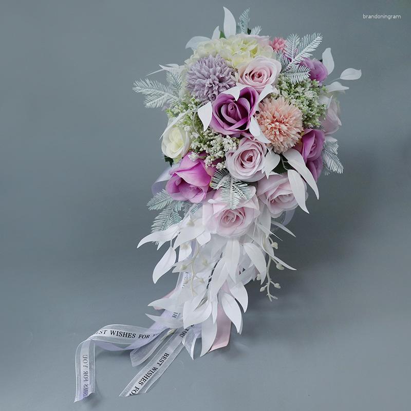 Kwiaty ślubne Koreańska panna młoda bukiet miękkiego różowego fioletu w ręce sztuczne Mariage Ramo de Flores Artificiles