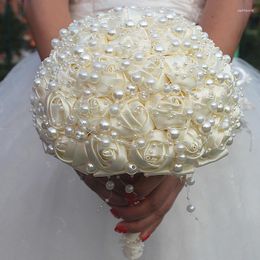 Bruiloft bloemen licht champagne prachtige parels keten boeket Rose bruidsmeisje kunstmatige bruidsboeketten handgemaakt