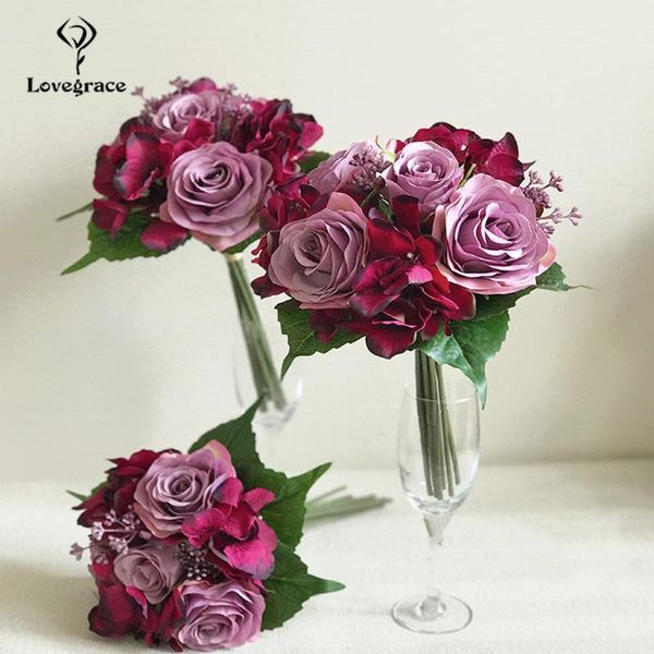 Flores de boda Lovegrace ramo de rosas Hortensia damas de honor nupcial Borgoña Artificial matrimonio decoración del hogar flor