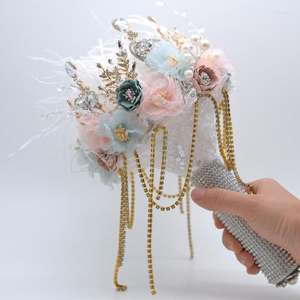 Bouquet de broches de mariée de luxe, fleurs de mariage, bijoux en perles de cristal, sur mesure, Bouquets de mariée rétro argentés