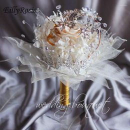 Couronne de fleurs de mariage de luxe, Bouquet de mariée tenant des feuilles en cristal, Architecture créative, Design spécial coûteux, 2023