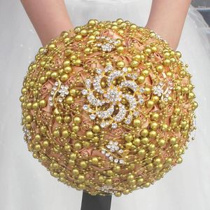 Bouquet De fleurs De Mariage De luxe, magnifiques perles dorées, en cristal, faites à la main, pour demoiselle d'honneur, Bouquets De mariée artificiels