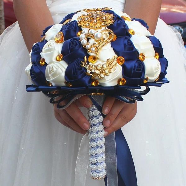 Flores de boda de lujo satén rosa ramo novias azul marino con cristal dorado diamante artificial nupcial