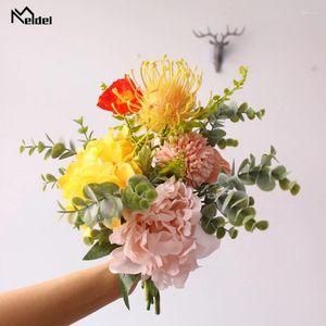 Flores de boda Meldel Bouquet Artificial Rose Peony Flower Pompom Hydregea Bride Suministes Party Prom Decor